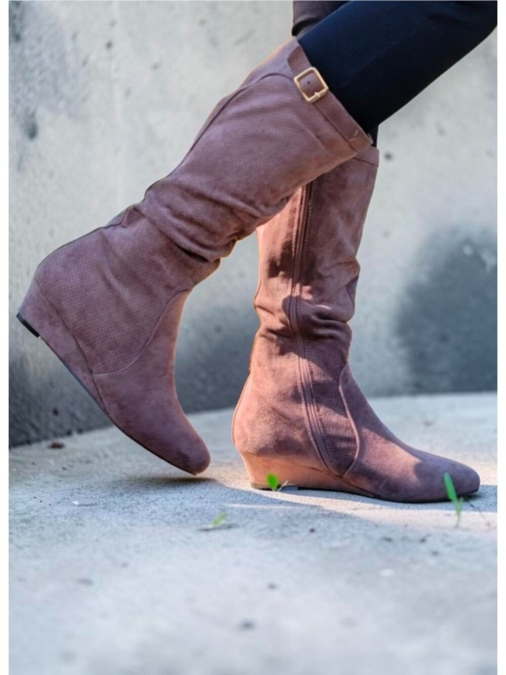 Taupe Knee-High Wedge Suede Boots With Buckle Detail Side Zipper And Textured Fi